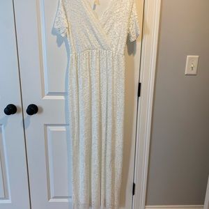 Pink blush cream maternity lace overlay maxi dress